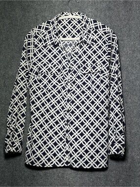 Navy and White Geometric Button-Up Blouse